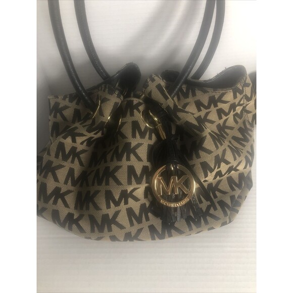 Michael Kors Jet Set Lg Gathered Tote Bag Purse Signature Brwn/black with Wallet - Picture 5 of 9